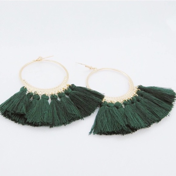 Boho Emerald Green Hoop Tassel Earrings - Picture 3 of 4